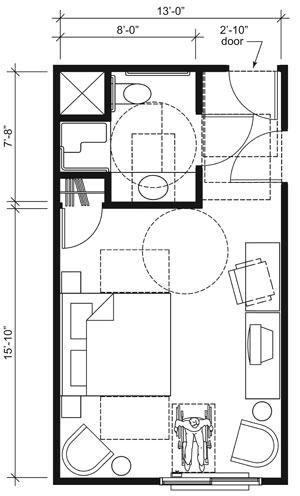 his drawing shows an accessible 13-foot wide guest room with features that comply with the 2010 Standards.